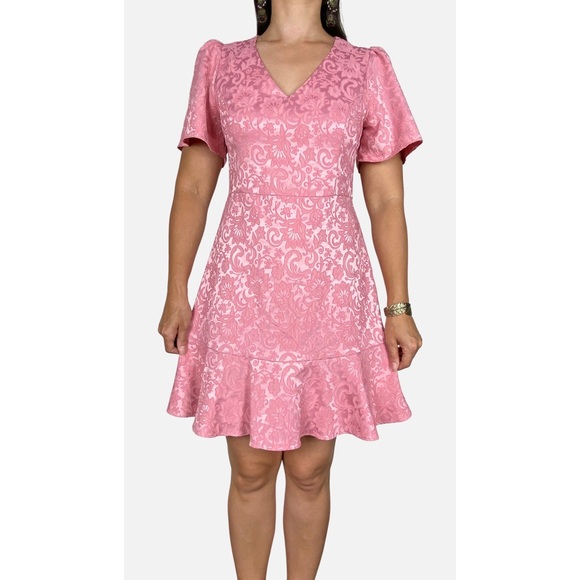 FOREVER NEW Pink Floral Jacquard Flutter Sleeve Frill Hem A-line Dress Size 12 - Picture 3 of 11